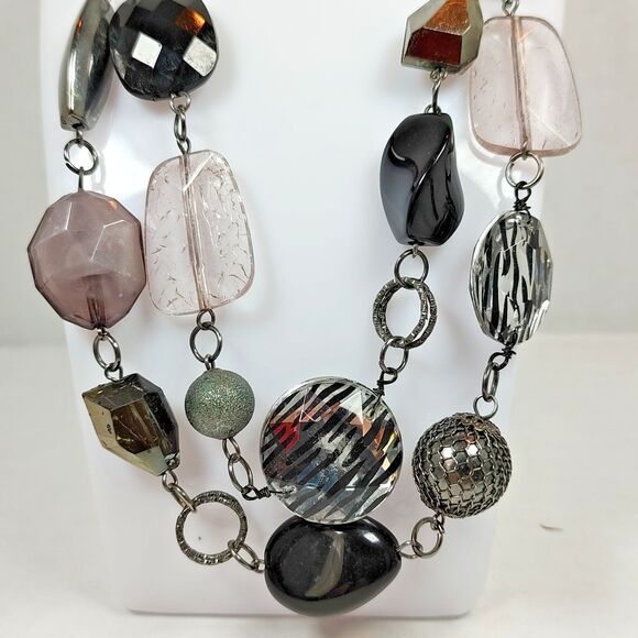 Gunmetal Chain Statement Necklace Zebra Print Beads Faceted Artisan 17" - 19" - Picture 3 of 14